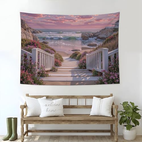 Tapisserie murale escalier de plage déco chambre et salon rose 180x230