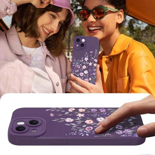 Image of Designed for iPhone 15 Case Flower for Women Girls, Dark Purple | Cute Floral Pattern Liquid Silicone Phone Case [Full Camera Protection] Slim Soft TPU Protective Cover