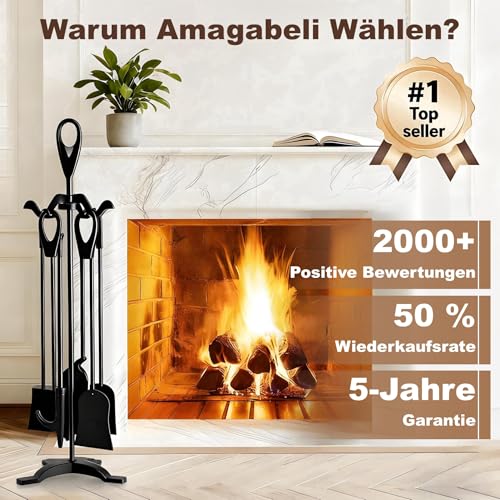 Amagabeli 25.2″(64cm) 5- tlg.Kaminbesteck Sets Schmiedeeisen und Innenausstattung Kaminzubehör Holzhalter Kaminständer Feuerzange Schaufel Antikbürste Schornsteinschürhaken Holzofen (Schwarz)-2