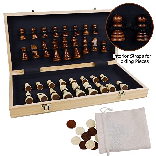 Juegoal 17" Wooden Chess & Checkers Set, 2 In 1 Board Games For Kids And Adults, With Felted Game Board Interior For Storage, Travel Portable Folding Chess Game Sets, 2 Extra Queen, 24 Checkers Pieces #TOP2