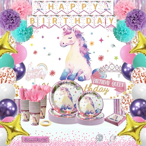 280 Pcs Unicorn Birthday Decorations, Unicorn Party Decorations Inclue Serves 25 Plates and Napkins Tablecloth, Birthday Banner, Balloons, Cake Topper, Tiara, Sash