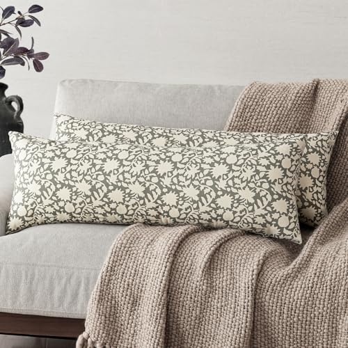 Image of Foindtower Set of 1 Decorative Floral Long Body Lumbar Throw Pillow Covers Accent Farmhouse Cushion Cover Neutral Pillowcase for Couch Sofa Bedroom Living Room Home Decor,14x36 Inch,Sage Green