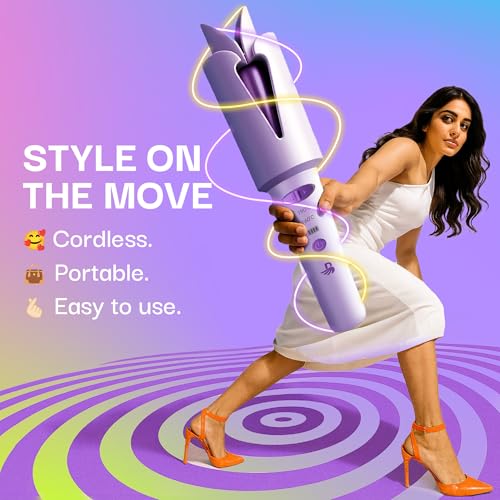 Image of Bombae Cordless Automatic Hair Curler Machine for Women | Ceramic Coated Barrel | Suitable for All Hair Types | Portable Hair Curler for Woman | Type-C Charging