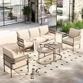 HERA'S HOUSE 4 Pieces Patio Furniture Set, 1 x 3-Seat Outdoor Sofa, 2 x Armchairs,1 x Wood-Like Nesting Coffee Table, All Weather Patio Conversation Set with Ultra Thick Comfy Cushion