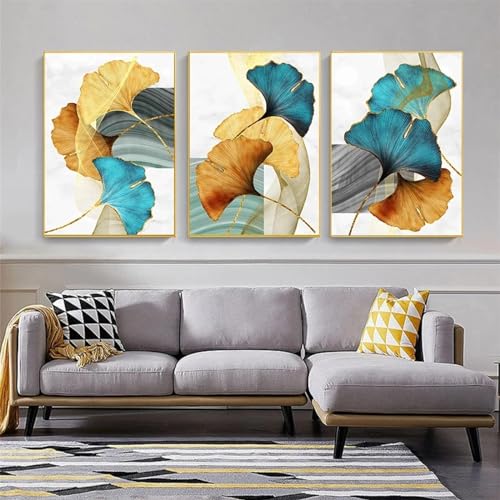Affiches de bambou bleu vert jaune et feuille d'or pour salon