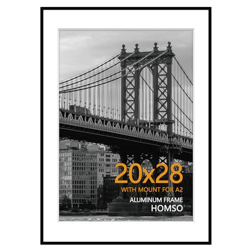 Image of Homso 20x28 Picture Frame in Black, Metal Thin Board 20 x 28 Frame with Acrylic Plexiglass for Poster Pictures A2 with Mat or 20x28 without Mat for Horizontal and Vertical