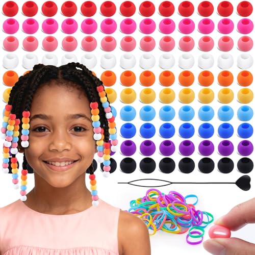 120Pcs 14mm Large Silicone Beads for Hair Braids Soft Jellyish Hair Beads with 7mm Hole + 50 Rubber Bands and 1 Beader for Braiding DIY Bracelets Necklaces Crafts (Multicolors)