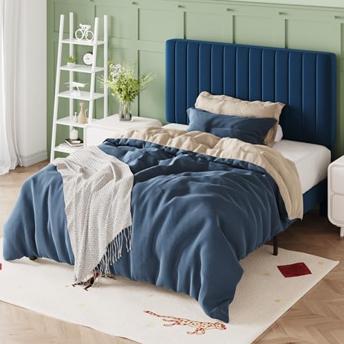 Image of Allewie Twin Bed Frame, Velvet Upholstered Platform Bed with Adjustable Vertical Channel Tufted Headboard, Mattress Foundation with Strong Wooden Slats, Box Spring Optional, Easy Assembly, Navy Blue