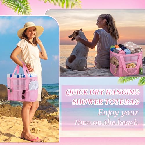 Image of Hillban Large Beach Mesh Bags Bulk for Women Beach Tote Bag with 8 Pocket Zipper Waterproof Sandproof for Pool Cruise Ship