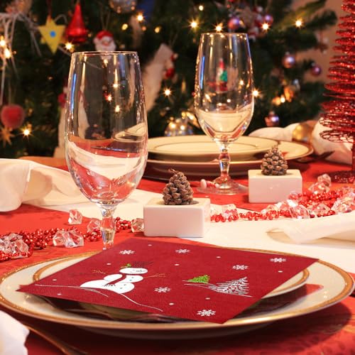 Quera 50 Pack Christmas Paper Napkins Snowman Red Silver Foil Disposable Beverage Napkins Decorative Table Napkin for New Year Winter Dinner Merry Christmas Holiday Xmas Party Supplies, 6.5 "x 6.5" – Image 6