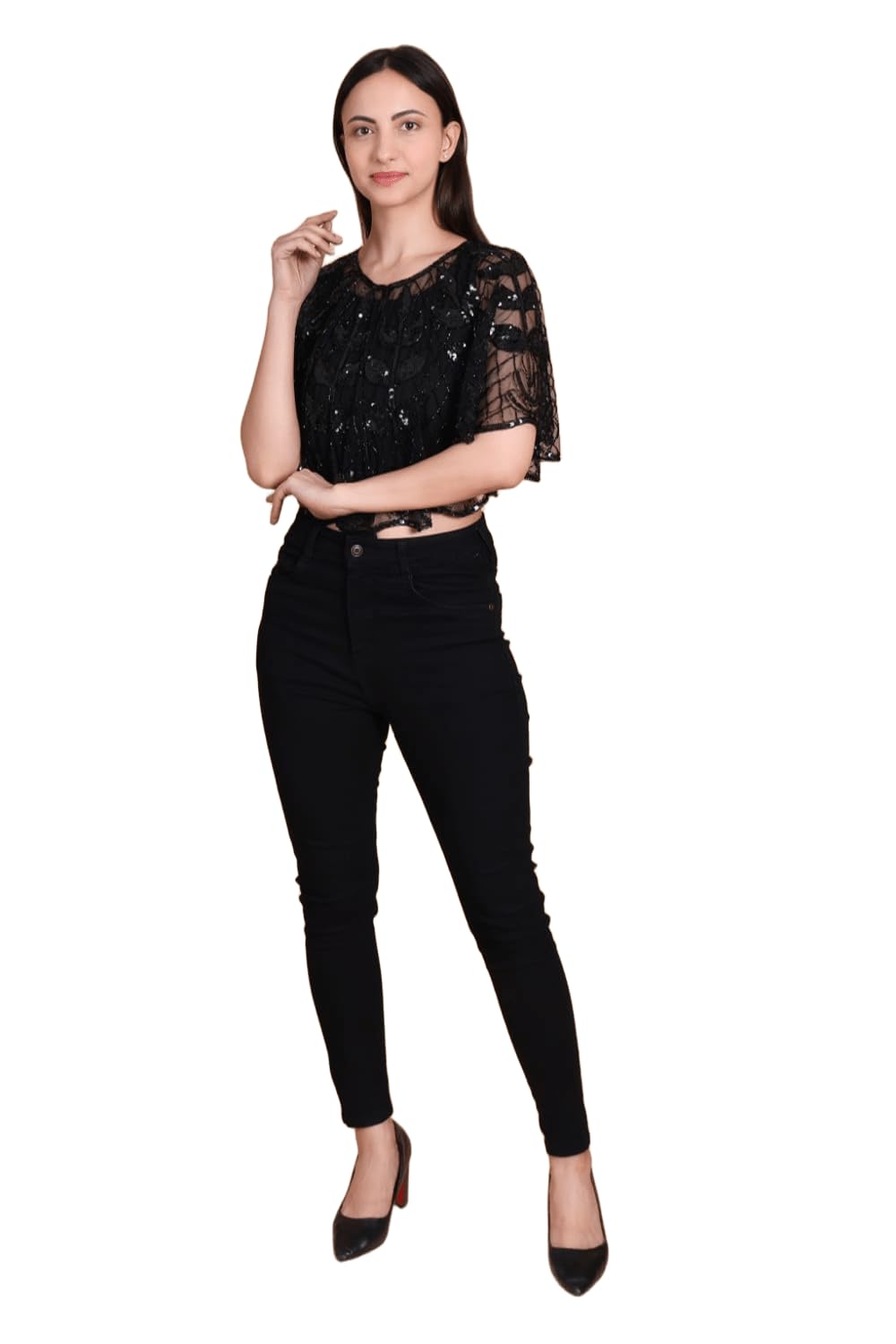 Women’s Sheer Sequined Poncho Top – Lightweight Party Cape with Lace Detailing | Elegant Overlay Poncho for Casual & Formal Wear | Black Flowy Cape Blouse.-image-42