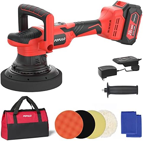 POPULO Brushless Buffer Polisher, 6-inch Cordless Polisher DA Random Orbital Car Waxer with Variable with Digital Display, 7 Speed Changes 2000-4800 RPM, 4.0Ah Lithium Battery 4 Foam Pads…