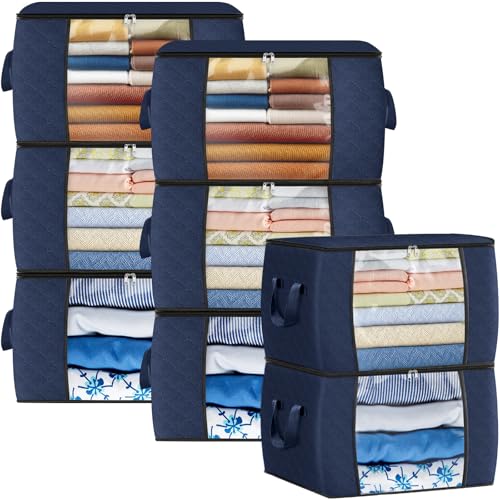 Image of Fab totes 24 Gallons Clothes Storage, Foldable Thick Fabric Blanket Storage Bags,Containers for Organizing Bedroom, Closet, Clothing, Comforter,Organization with Handle (8 Pack,Blue)