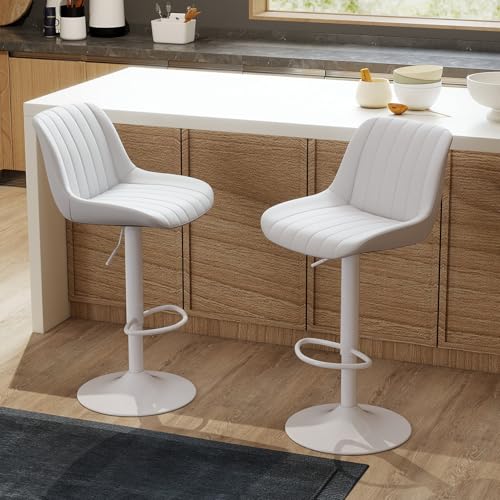 Image of Youhauchair Adjustable Faux Leather Bar Stools Set of 2, White | Swivel, Counter Height, Back & Footrest, Armless, PU, Modern, Kitchen Island Stool, Upholstered Dining Room Chair