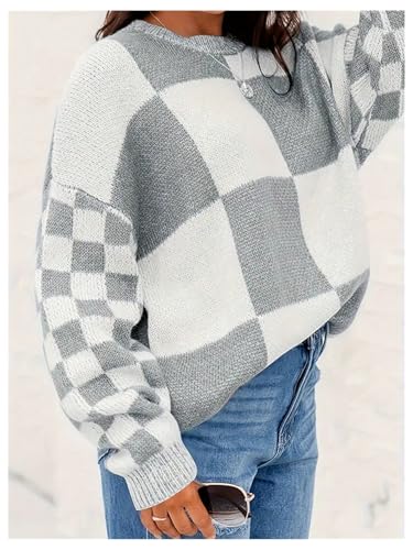 SOLY HUX Plus Size Sweaters for Women Plaid Checkered Print Drop Shoulder Long Sleeve Pullover Sweater Fall Tops3