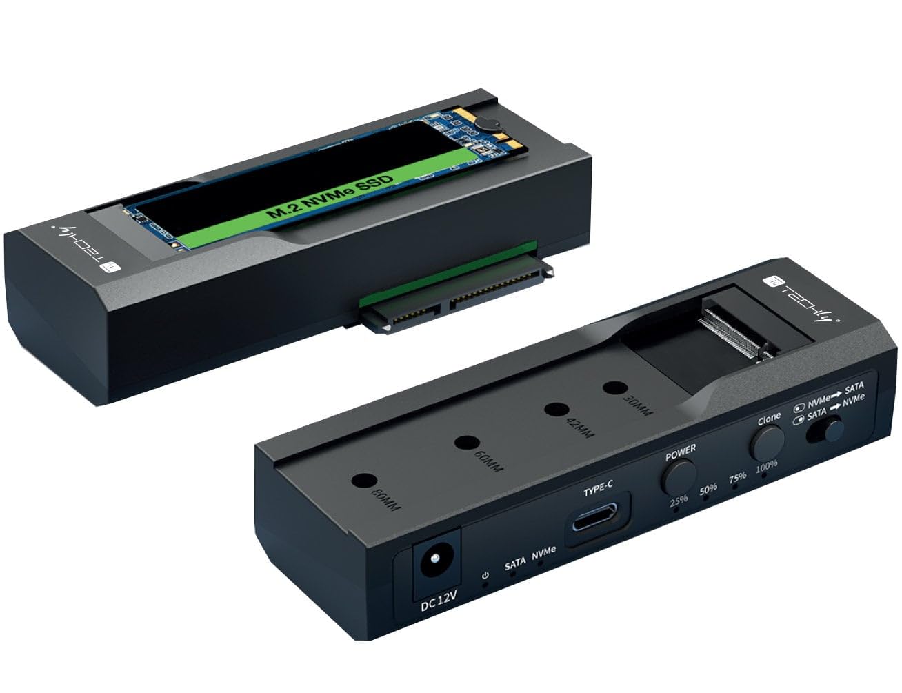 Techly 623615 Adattatore/Duplicatore per HDD/SSD SATA da 2,5”/3,5” e SSD NVME M.2 Nero