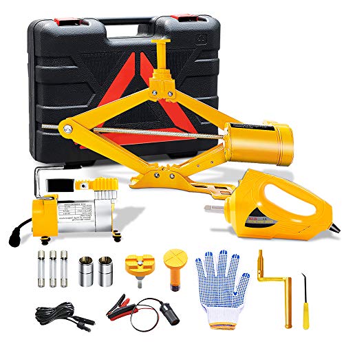 E-HEELP Electric Car Jack 3 Ton 12V Scissor Car Jack Lift with Electric Impact Wrench and Inflator for Sedan Change Tires Garage Repair Kit