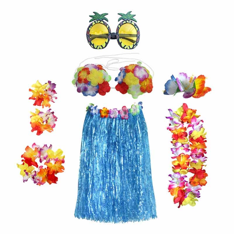 8PCS Hula Skirt Costume Hawaiian Leis Dancer Dress Set with Flower Bikini Top, Hawaiian Lei, Hibiscus Hair Clip, Pineapple for Adults Fancy Dress Supplies Party Summer Beach Tropical Party - Blue