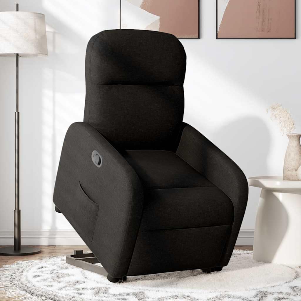 Sillón elevador eléctrico reclinable de tela negra con elevación automática y respaldo manual, cómodo asiento acolchado y marco estable, ideal para personas mayores