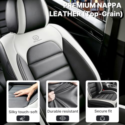 Image of Front Set Car Seat Covers for Jeep Compass 2007-2026, Waterproof Stain-Resistant Seat Cover, Premium Nappa Leather Seat Protectors with Storage Pockets(Luxury 2 Seats /Grey&White)
