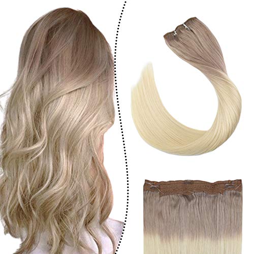 Ugeat 22Inch Remy Halo Hair Extensions Clip in Human Hair #t18/60 Halo Hair Extensions ombre Blonde Halo Hair Extensions Remy Human Hair 100Gram halo hair extensions seamless