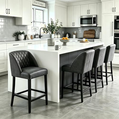 Butacos de altura para barra Sophia & William, juego de 4 unidades, con estructura de madera sólida y asiento tapizado en cuero sintético, diseño moderno para isla de cocina miniatura 1