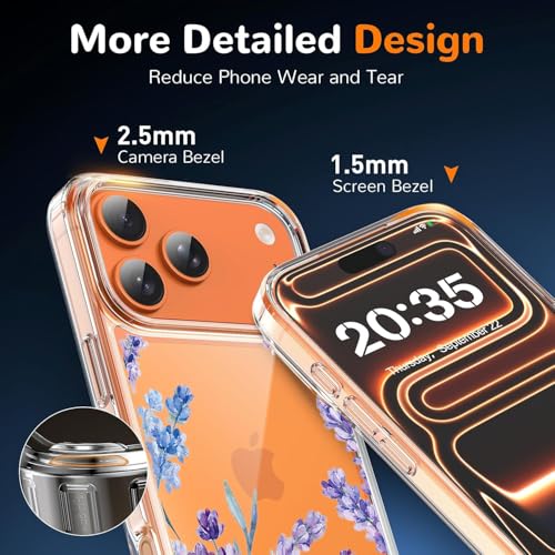 Image of Elzzi Floral Case for iPhone 17 Pro Max, Lavender Flower Clear Phone Case for Women Girls, Cute Aesthetic Purple Botanical Transparent Shockproof Protective Slim Cover (Deep with Leaf)