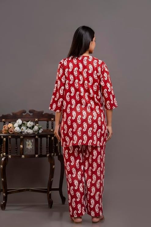 Image of Pure Cotton Printed Night Suit Set | Top Pyjama Set for Women | Night Dress of Kurta Pyjama Set for Women | Kurta Top Set