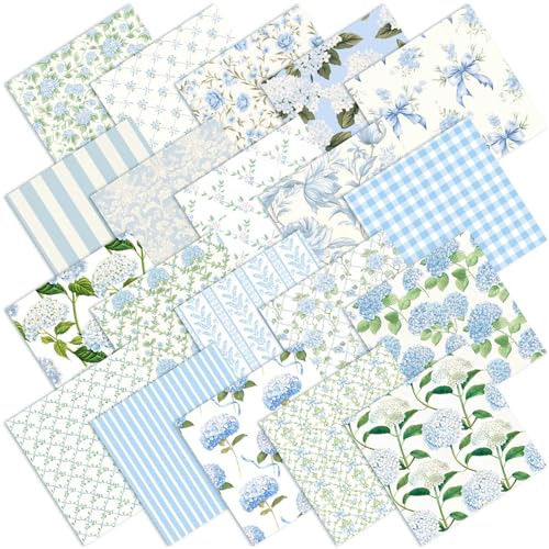 HunnmingRe 20 Pcs 10x10 Hydrangea Quilting Fabric Square Bundle Watercolor Dusty Blue Floral Precuts Quiltted Fabric Printed Patchwork Material Supplies for Holiday Patchwork DIY Sewing Crafts