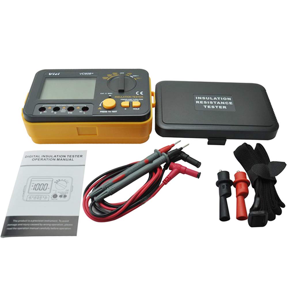 Insulation Resistance Meter, VCB60+ Digital Insulation Resistance Tester Megger Megohm Meter 1000V 0.1~2000MΩ(Black + Orange)