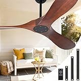 Zronon 52 Inch Ceiling Fan No Light, Wood Outdoor Ceiling Fans for Patios Living Room Bedroom, Indoor Modern 3 Blade Propeller Wet Rated Ceiling Fan without Lights with Remote (Walnut)