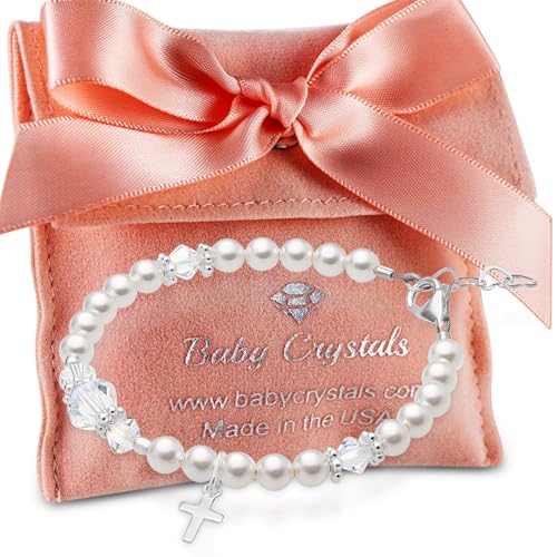 Image of Baby Crystals White Pearl Personalized Bracelets for Girls, Sterling Silver Initial Cross Charm Bracelet, Christening, Communion Baptism Gifts for Girl, Birthday Gifts, Girls Jewelry