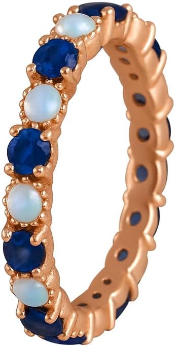 Blue Sapphire Moonstone Eternity Band for Women 14k Rose Gold Alternating Gemstone Ring Dainty Vintage Stacking Wedding Anniversary Jewelry Gift