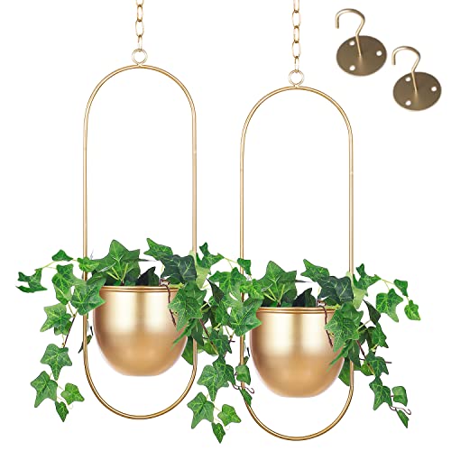 2 Pack Shineloha Hanging Planters For Indoor & Outdoor Plant With 6" Pot (Detachable) + Hook | Hanging Plant Holder, Plant Hanger, Minimalist Planter | Modern Home Decor, No Plant Incld (Gold) #TOP25