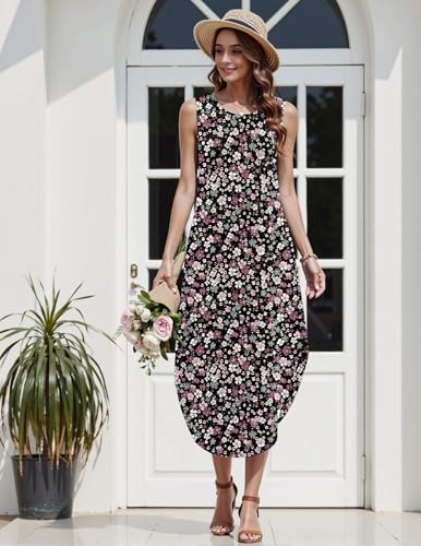 Image of Zeagoo Women Floral Summer Casual Beach Printed Tank Dress with Pockets Pleated Front Long Dress