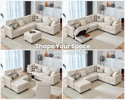 Image of CHIC HOUSE Modular Corner Sectional Sofa with Storage Ottoman, Corduroy L-Shaped Couch, Compact Small Space Furniture for Living Room & Apartment, (Beige, 7 Seater L-Shaped)