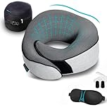 Proglobe Orthopedic Neck Pillow Travel Neck Pillows for Airplanes, Memory Foam Kit, Updated Resting Material, Airplane Travel Set with 3D Contoured Eye Masks, Earplugs, and Luxury Mesh Bag (Grey)