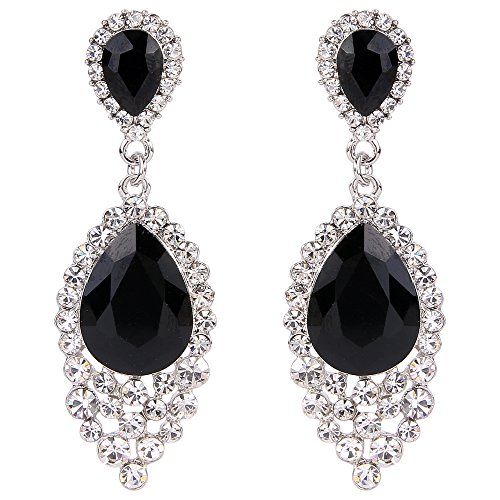 BriLove Wedding Bridal Dangle Earrings for Women Crystal Teardrop Cluster Beads Chandelier Jewelry Black Silver-Tone