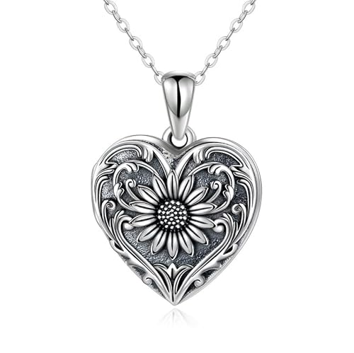 Sonouli Silver Heart Sunflower Locket Necklace That Holds Pictures Cameo Photo Lockets Keep Someone Near to You for His Her Family (Locket Only)