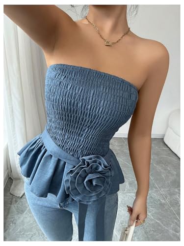 SOLY HUX Women's Y2k Strapless Tube Top Sleeveless Smocked Peplum Ruffle 3D Flower Belted Bandeau Tops4