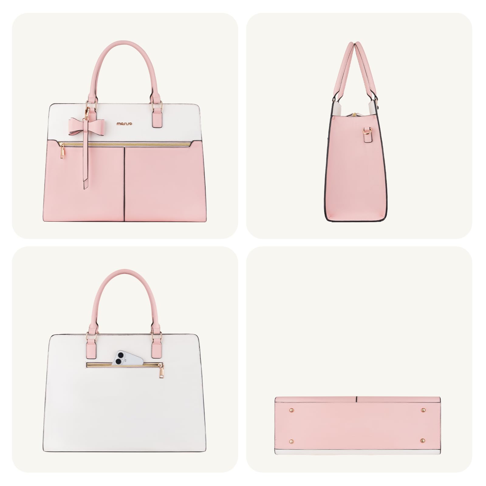 MOSISO Borsa Tote Laptop Donna, 15.6 Pollici Lavoro Pelle PU Impermeabile con Pochette e Fiocco, Borse a Mano Grande Capacita, Borsa a Tracolla Computer, Valigetta Lavoro Ufficio, Insegnante,Rosa