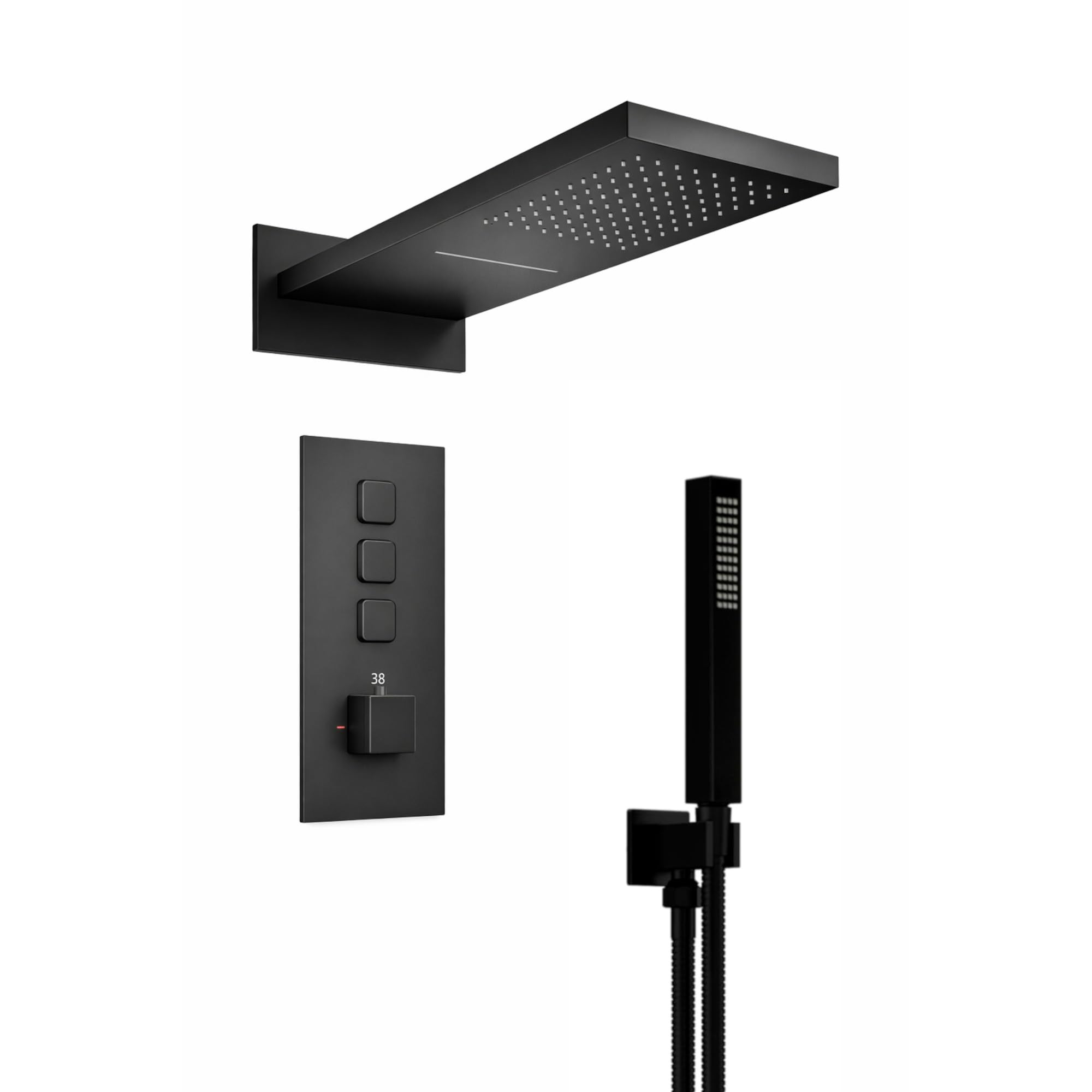 ENKI, Spello, SH0099, Square Thermostatic Concealed Shower Set with Dual Overhead Shower, Handset Kit, Black
