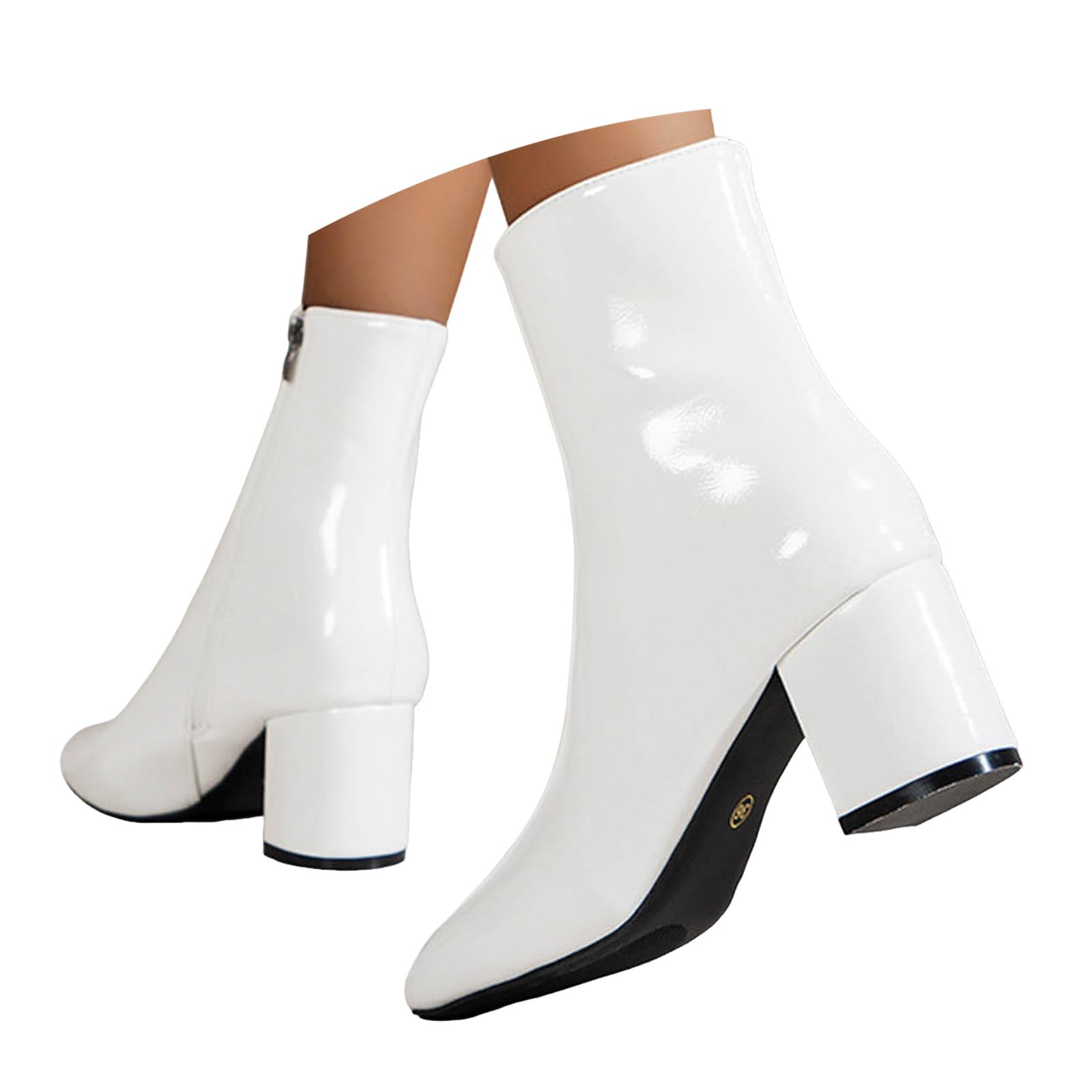 Womens Leather Mid Calf Boots Chunky Block Heel Vintage Pointed Toe Side Zipper Solid Color Slip On Short