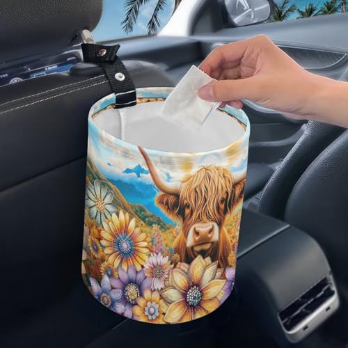 Image of Renewold Automotive Garbage Cans Multipurpose Trash Bin for Car Boho Flower Dahlia Highland Cow Car Trash Can Camping Beach Storage Bag Foldable Portable Automotive Interior Accessories Waterproof