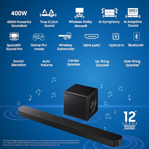 Image of Samsung 400 W True 5.1.2ch Soundbar with Wireless Dolby Atmos | Q-Symphony | Center, Up-Firing & Side-Firing Speakers | Alexa | Wi-Fi | HDMI eARC | Optical in | Bluetooth (HW-Q800H /XL, Black)