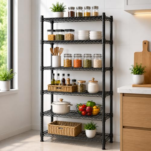 STORACK Height Adjustable Heavy Duty Foldable Boltless Wire Shelving Rack Shelves Free Standing Black Finished Multi Storage Rack (6 Shelf) 14D X 24W 