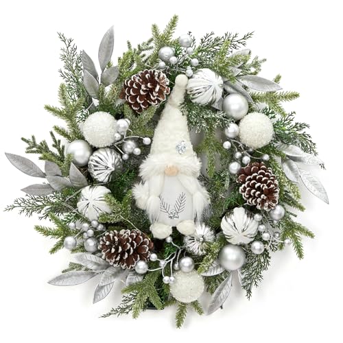 GarveeHome Pre-lit Christmas Wreath for Front Door, 22" Large Lighted Christmas Gnome Wreath, Winter Wreath with Silver White Xmas Balls 30 Lights and Timer for Indoor Outdoor Holiday Decorations