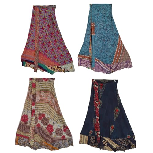Vintage Silk Sari Magic Wrap Skirts Multicolor Bohemian Regular Skirts 3 Pcs Assorted Pack4