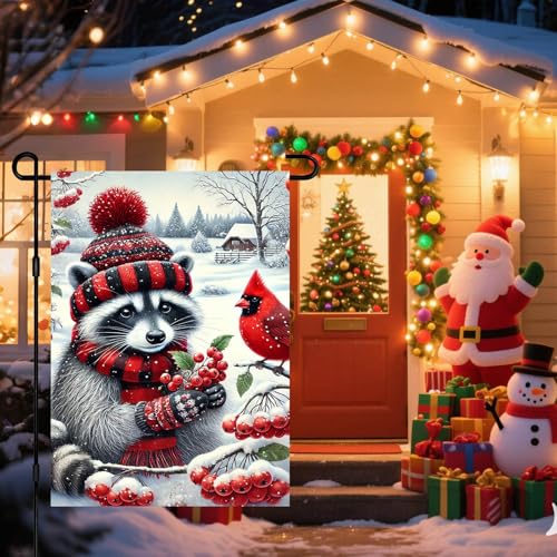 Image of BlissYard Garden Flag Raccoon Red Scarf Winter 12x18 Inch Polyester
