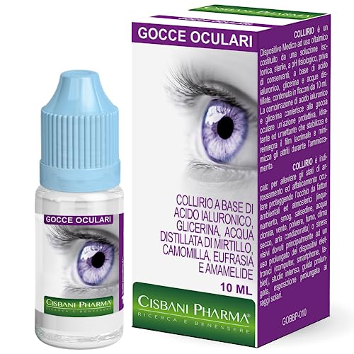 CISBANI PHARMA Collirio Occhi Secchi, 10 ml. Collirio a base di acido ialuronico con Mirtillo, Camomilla, Eufrasia e Amamelide. Collirio occhi rossi, una soluzione di gocce oculari in Soluzione Salina